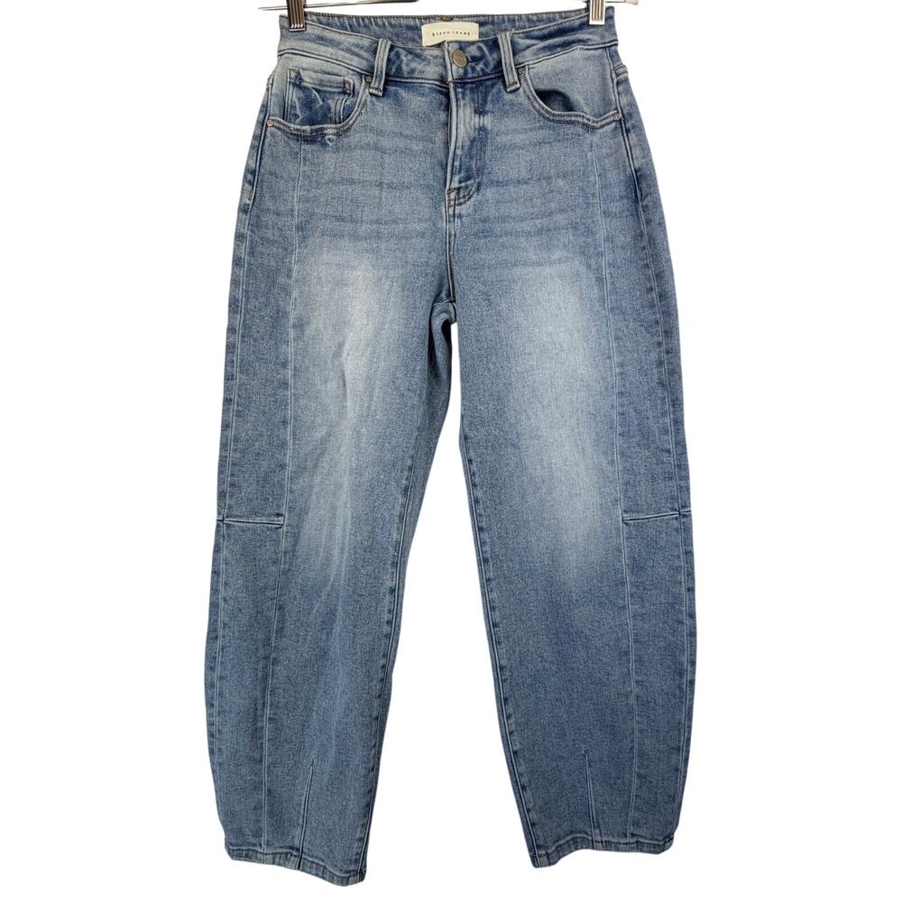 Risen Barrel Leg Curved Balloon Jeans Womens Sz 3/26 Medium Blue Faded Whiskered